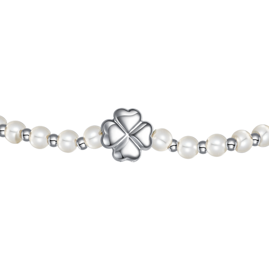 BRACCIALE DONNA CON QUADRIFOGLIO IN ACCIAIO E PERLE SINTETICHE BIANCHE