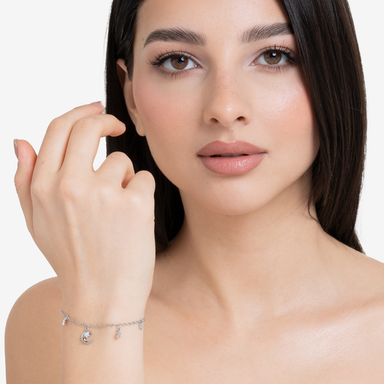 BRACCIALE DONNA IN ACCIAIO, LUNA CON ZIRCONE BIANCO E STELLE
