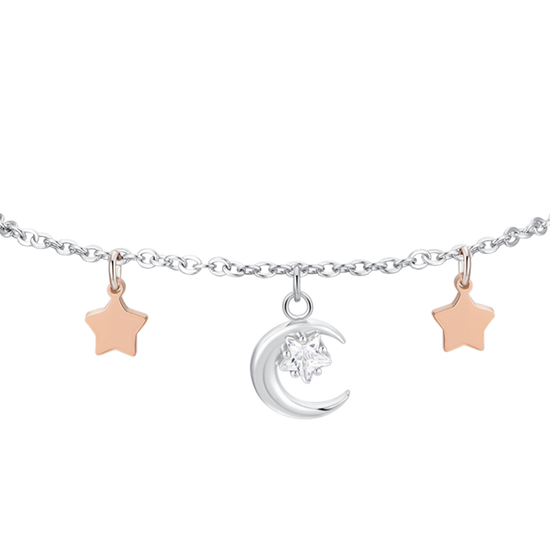 BRACCIALE DONNA IN ACCIAIO, LUNA CON ZIRCONE BIANCO E STELLE IP ROSE