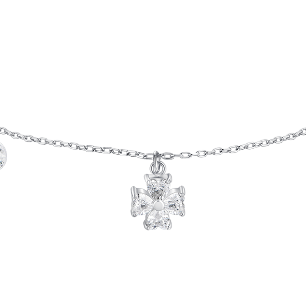 BRACCIALE DONNA CON PENDENTE QUADRIFOGLIO CON PETALI ZIRCONE BIANCO