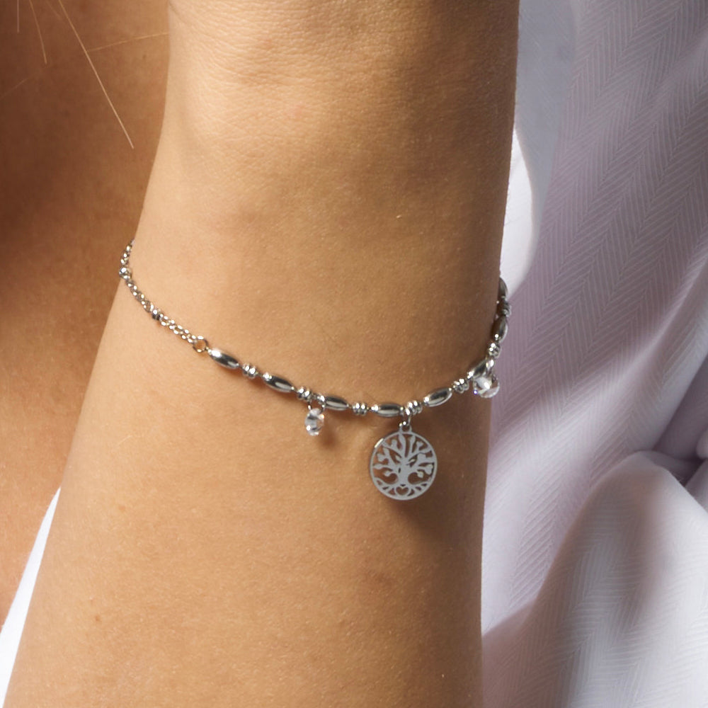 BRACCIALE DONNA IN ACCIAIO CON ALBERO DELLA VITA E ZIRCONI BIANCHI
