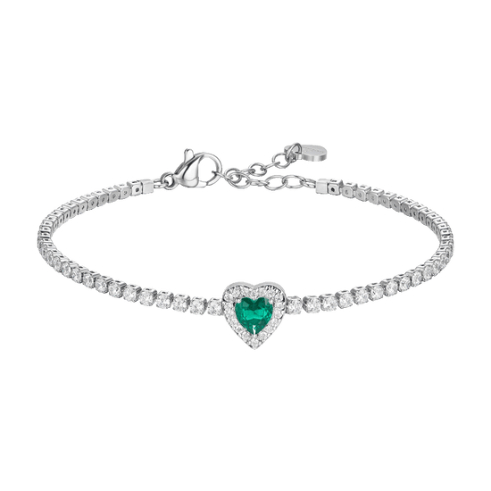 BRACCIALE TENNIS DONNA IN ACCIAIO CON CUORE CON ZIRCONI VERDI E BIANCHI