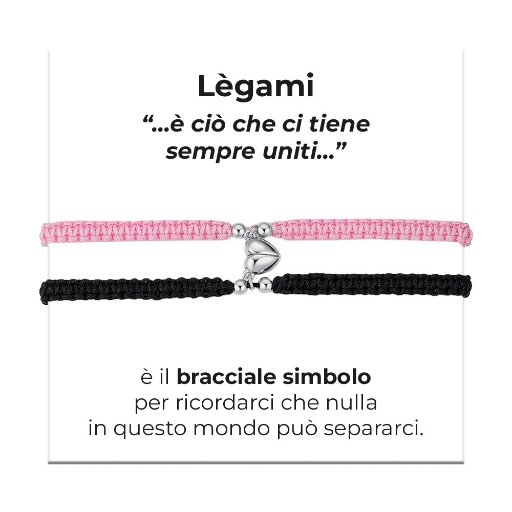 BRACCIALI DONNA E UOMO IN CORDA COREANA ROSA E NERA CON CUORE CALAMITATO
