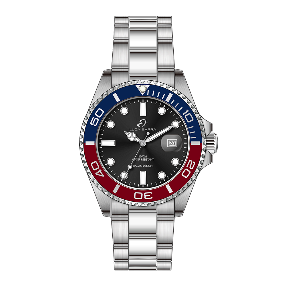 MEN'S WATCH WITH STEEL CASE BLUE AND RED BEZEL