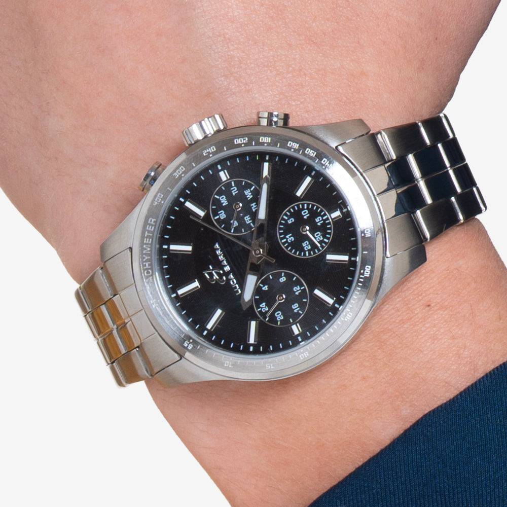 MEN'S STEEL WATCH WITH BLACK DIAL AND SILVER BEZEL