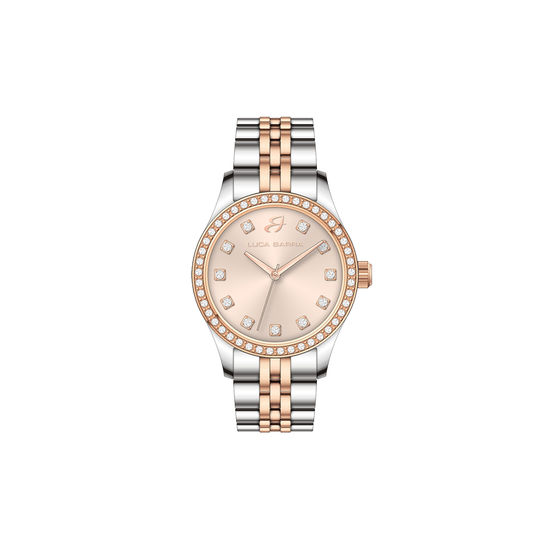 WOMEN'S STEEL WATCH WITH IP ROSE DIAL AND WHITE CRYSTAL BEZEL