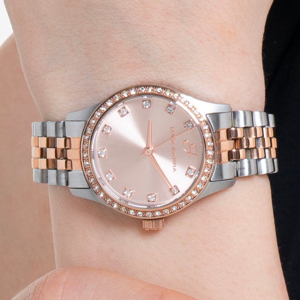 WOMEN'S STEEL WATCH WITH IP ROSE DIAL AND WHITE CRYSTAL BEZEL