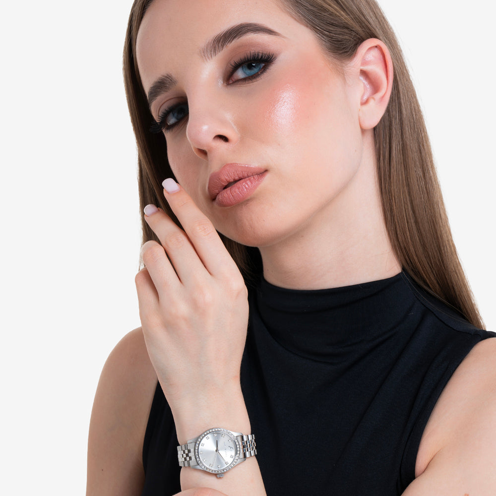 WOMEN'S STEEL WATCH WITH SILVER DIAL AND WHITE CRYSTAL BEZEL