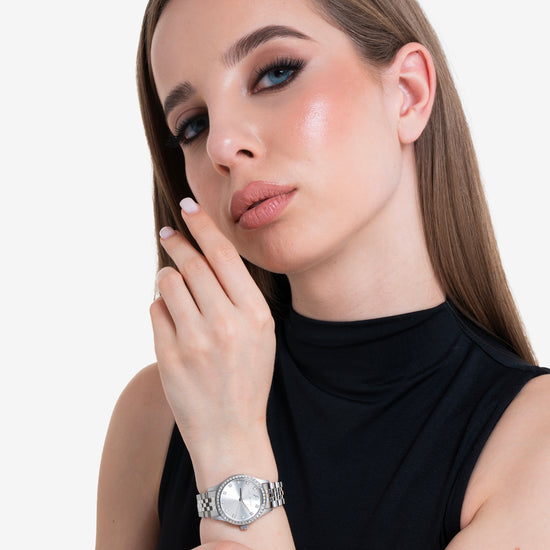 WOMEN'S STEEL WATCH WITH SILVER DIAL AND WHITE CRYSTAL BEZEL