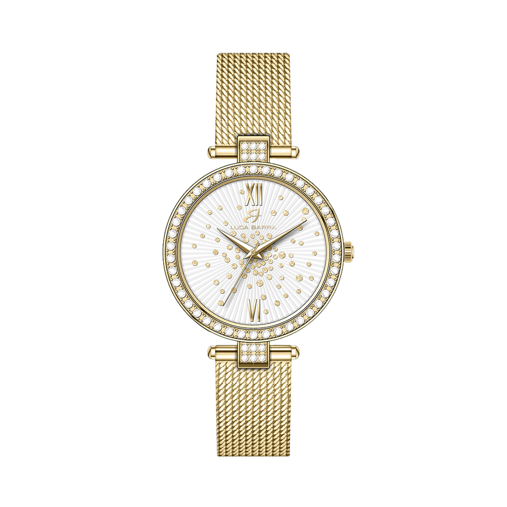 OROLOGIO DONNA IN ACCIAIO IP GOLD QUADRANTE BIANCO GHIERA CON CRISTALLI BIANCHI Luca Barra