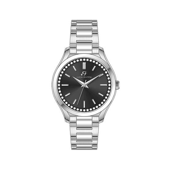 WOMEN'S STEEL WATCH BLACK BEZEL AND WHITE CRYSTALS