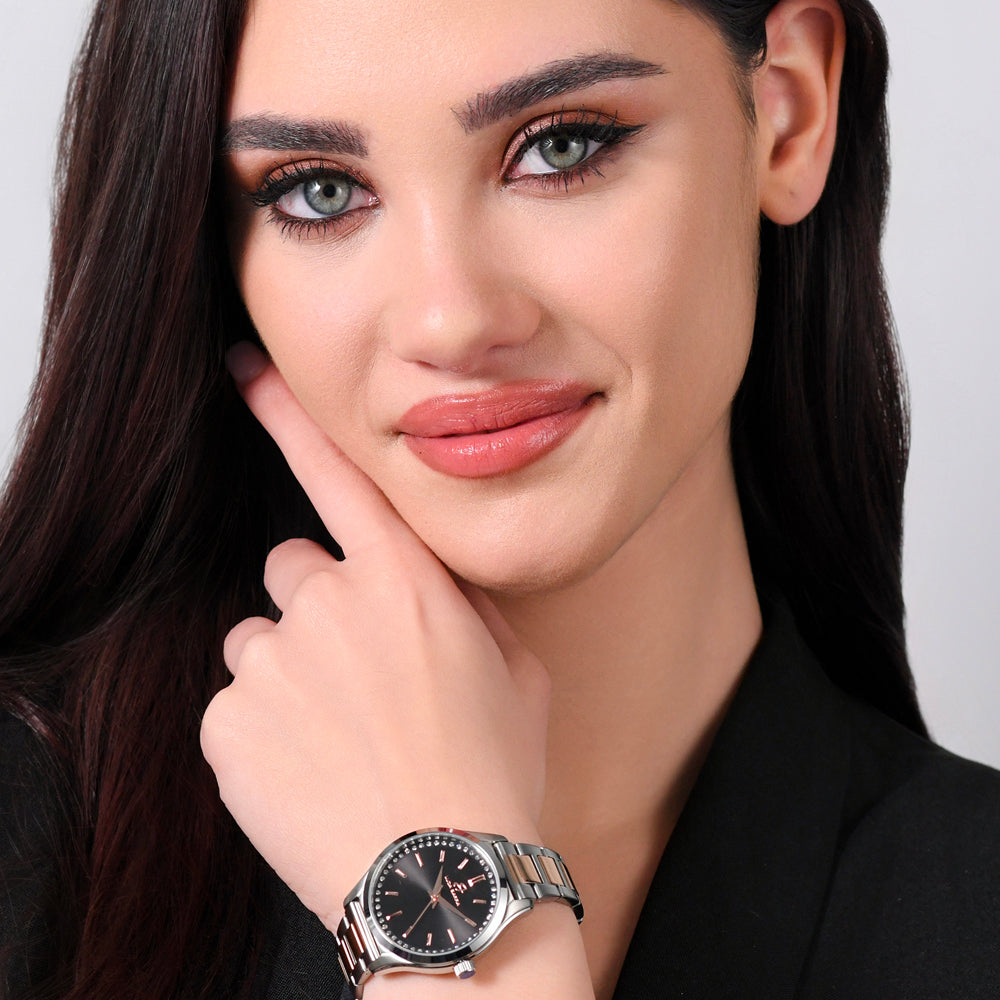 WOMEN'S STEEL BLACK BEZEL AND IP GOLD WATCH