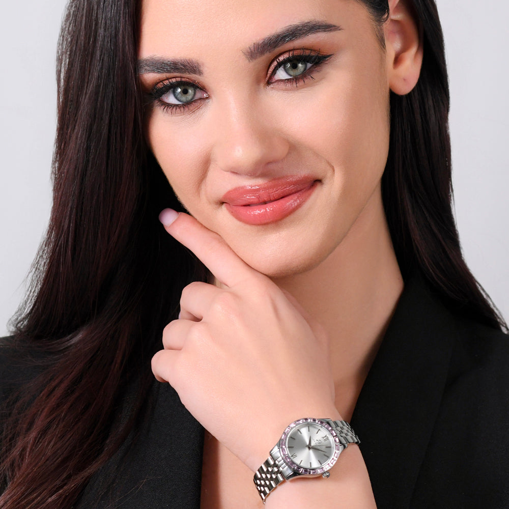 WOMEN'S STEEL WATCH PINK CRYSTAL BEZEL