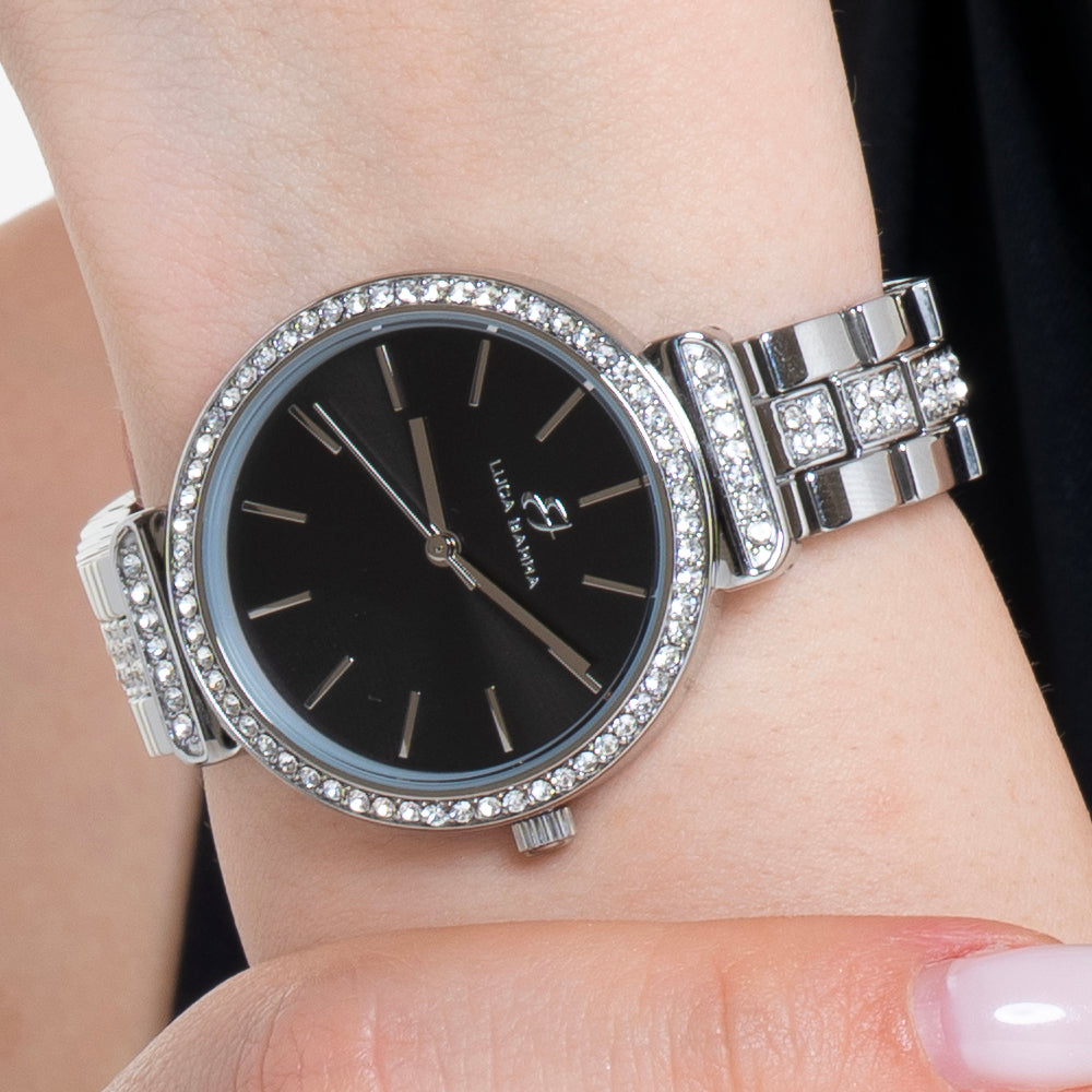 WOMEN'S STEEL CRYSTAL WATCH BLACK BEZEL AND DIAL