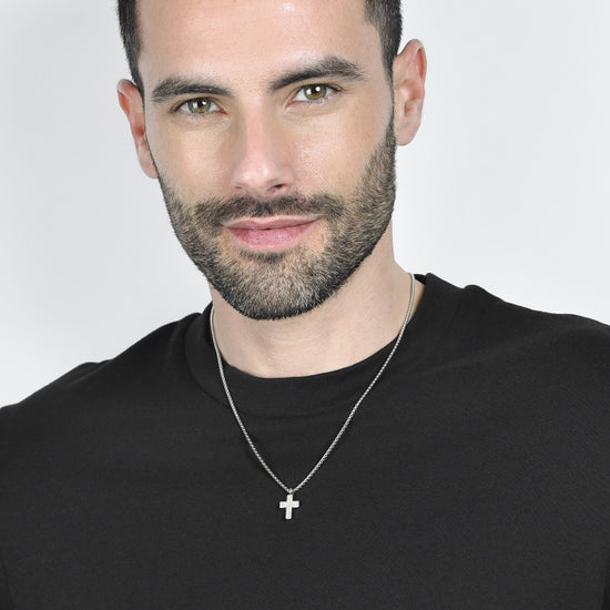 STEEL MEN'S CROSS NECKLACE WITH WHITE CRYSTALS