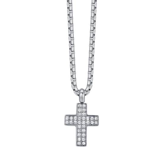 STEEL MEN'S CROSS NECKLACE WITH WHITE CRYSTALS