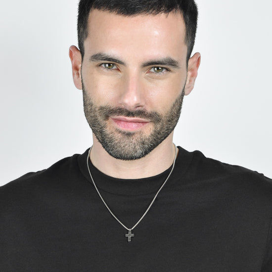 STEEL MEN'S CROSS NECKLACE WITH BLACK CRYSTALS