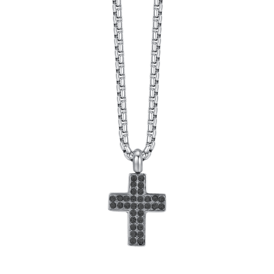 STEEL MEN'S CROSS NECKLACE WITH BLACK CRYSTALS