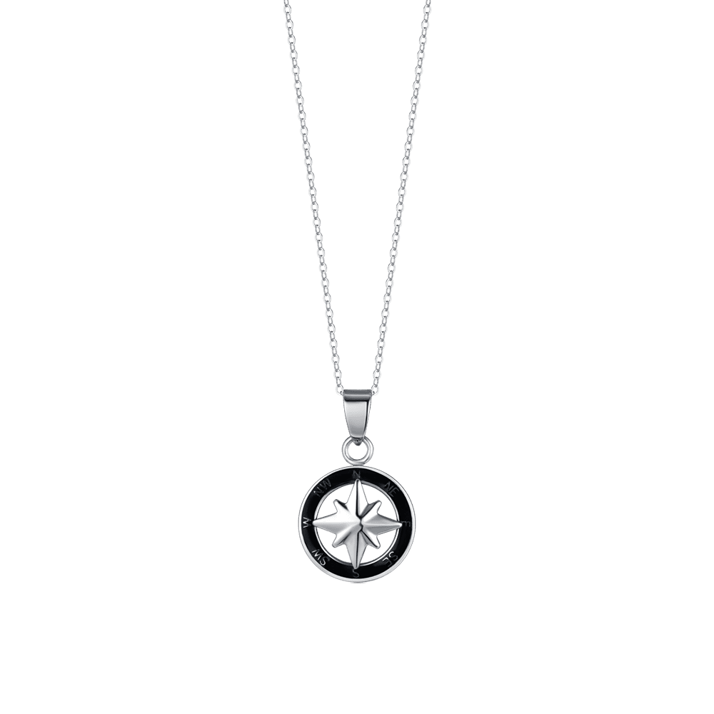 STEEL MEN'S NECKLACE WITH COMPASS ROSE AND BLACK ENAMEL