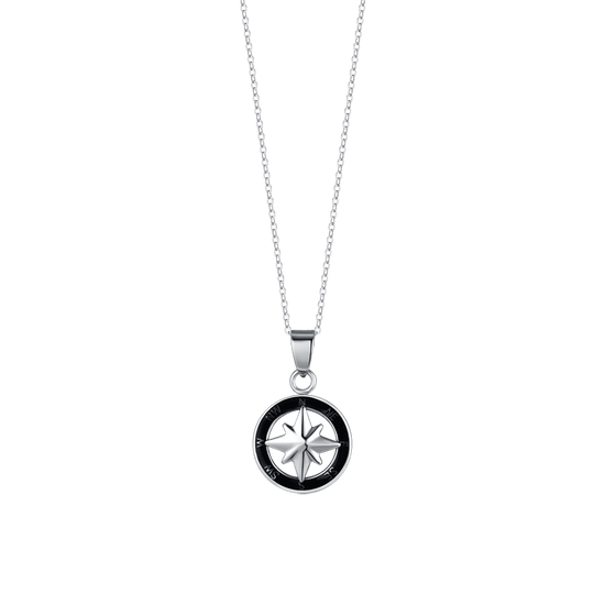 STEEL MEN'S NECKLACE WITH COMPASS ROSE AND BLACK ENAMEL