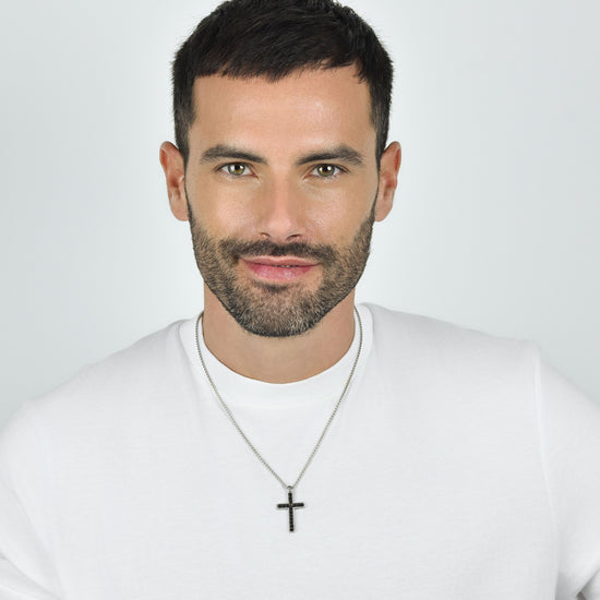 Upload image to Gallery Men's CROSS STEEL NECKLACE WITH BLACK CRYSTALS

