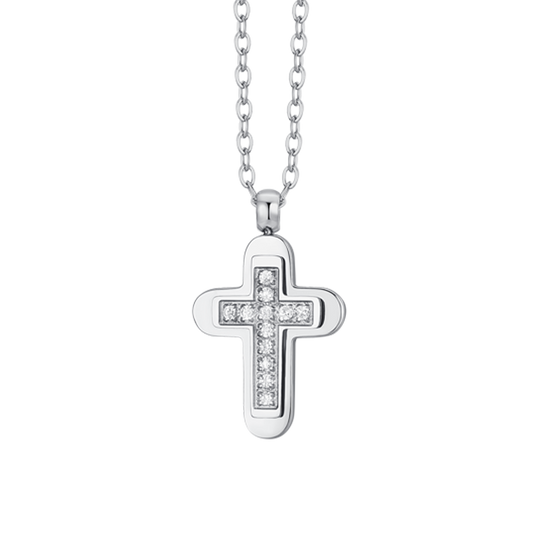 STEEL MEN'S CROSS AND WHITE CUBIC ZIRCONIA NECKLACE