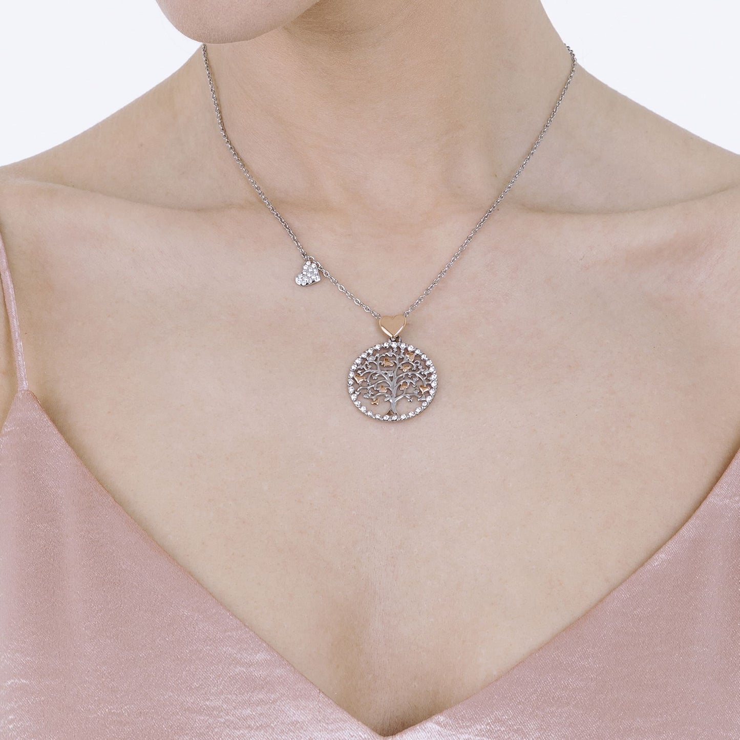 WOMAN'S STEEL NECKLACE, TREE OF LIFE WITH ROSE HEARTS' Luca Barra