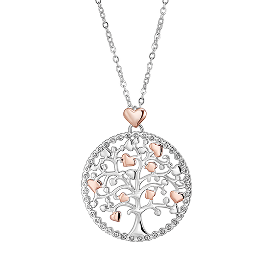 STEEL WOMEN'S NECKLACE, TREE OF LIFE WITH ROSE HEARTS'