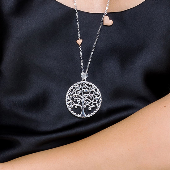 LONG WOMAN'S NECKLACE IN STEEL TREE OF LIFE WITH ROSE ELEMENTS' Luca Barra