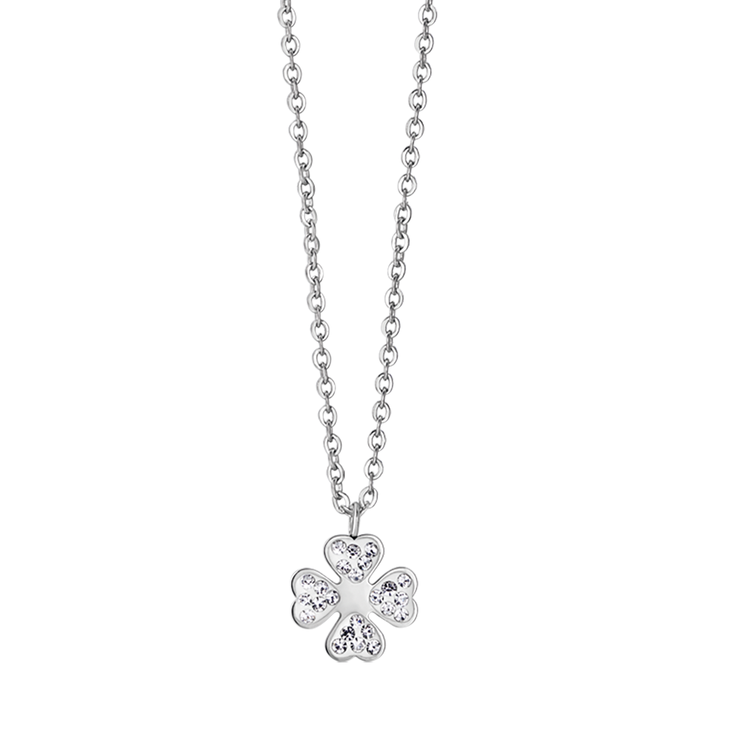 WOMEN'S STEEL NECKLACE WITH FOUR-LEAF CLOVER AND WHITE CRYSTALS