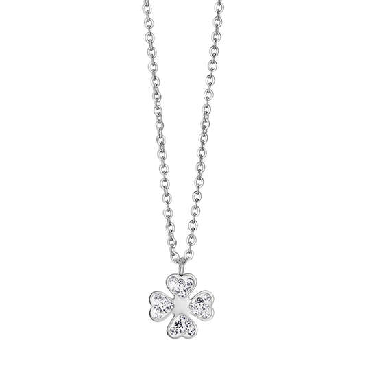 WOMEN'S STEEL NECKLACE WITH FOUR-LEAF CLOVER AND WHITE CRYSTALS