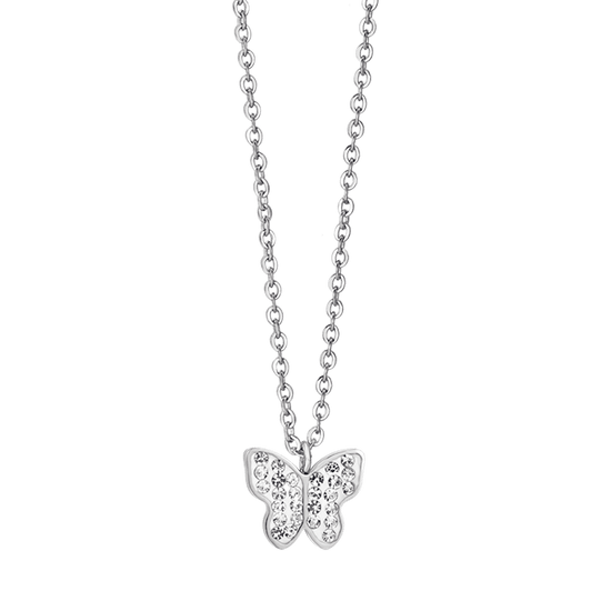 WOMEN'S STEEL NECKLACE WITH BUTTERFLY AND WHITE CRYSTALS