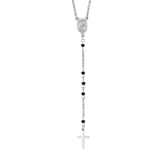 WOMEN'S STEEL ROSARY NECKLACE WITH BLACK CRYSTALS WITH PENDANT