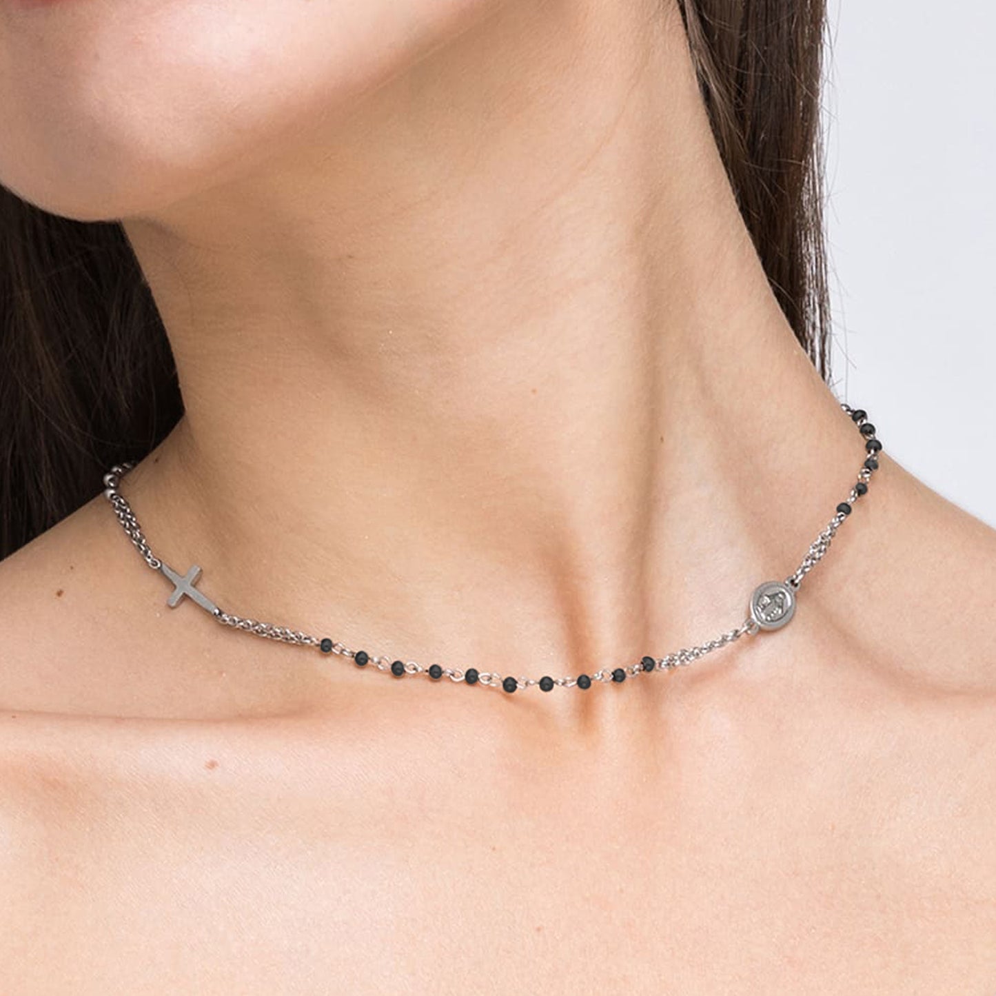 WOMEN'S STEEL ROSARY NECKLACE WITH BLACK CRYSTALS