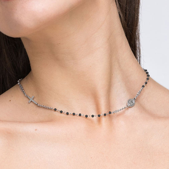 WOMAN'S ROSARY NECKLACE IN STEEL WITH BLACK CRYSTALS Luca Barra