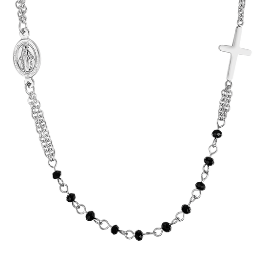 WOMEN'S STEEL ROSARY NECKLACE WITH BLACK CRYSTALS