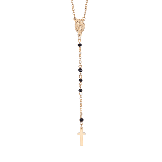 WOMEN'S STEEL ROSARY NECKLACE WITH BLACK CRYSTALS WITH PENDANT