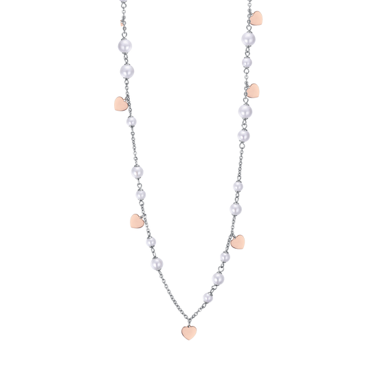STEEL NECKLACE WITH WHITE PEARLS AND ROSE IP HEARTS Luca Barra