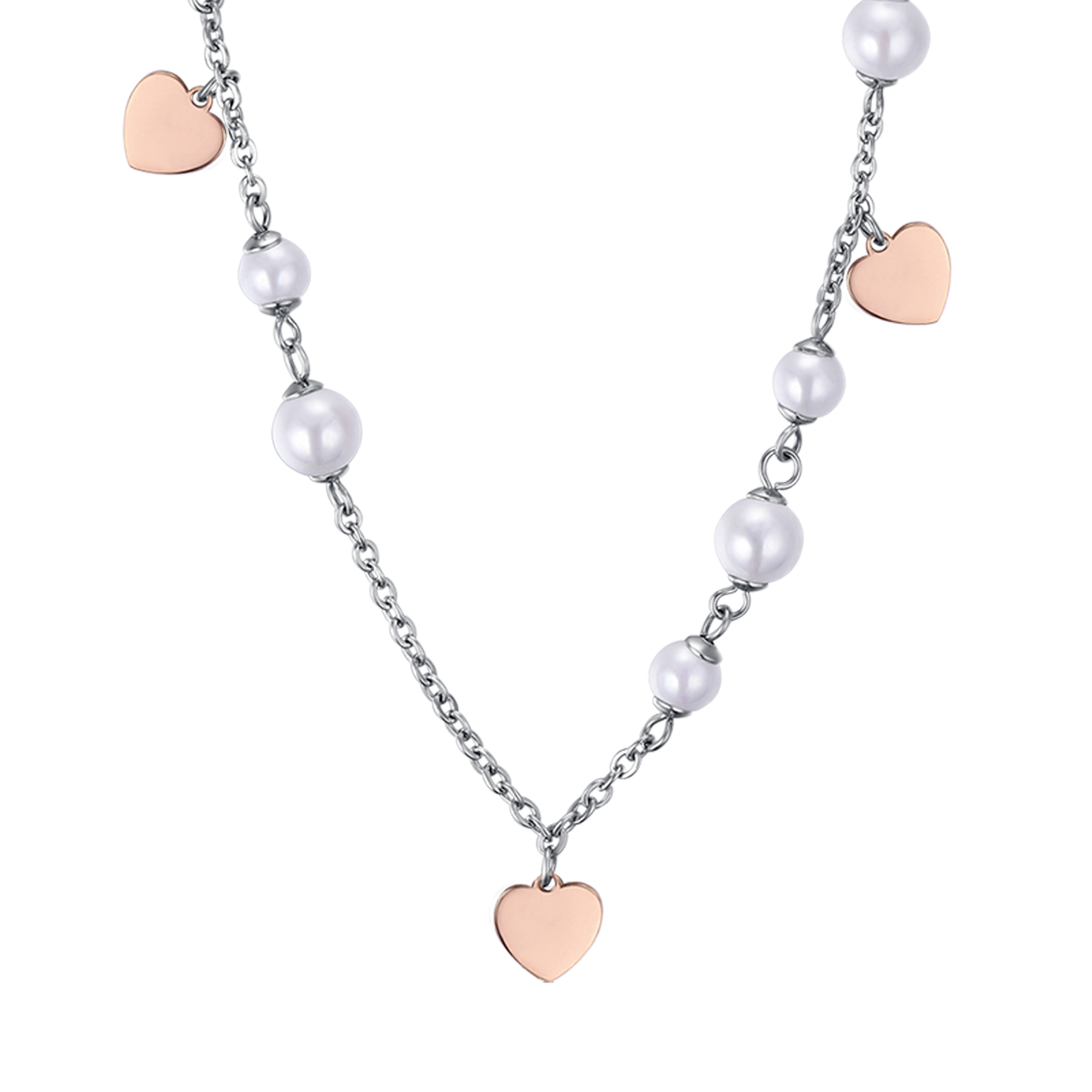 STEEL NECKLACE WITH WHITE PEARLS AND ROSE IP HEARTS Luca Barra