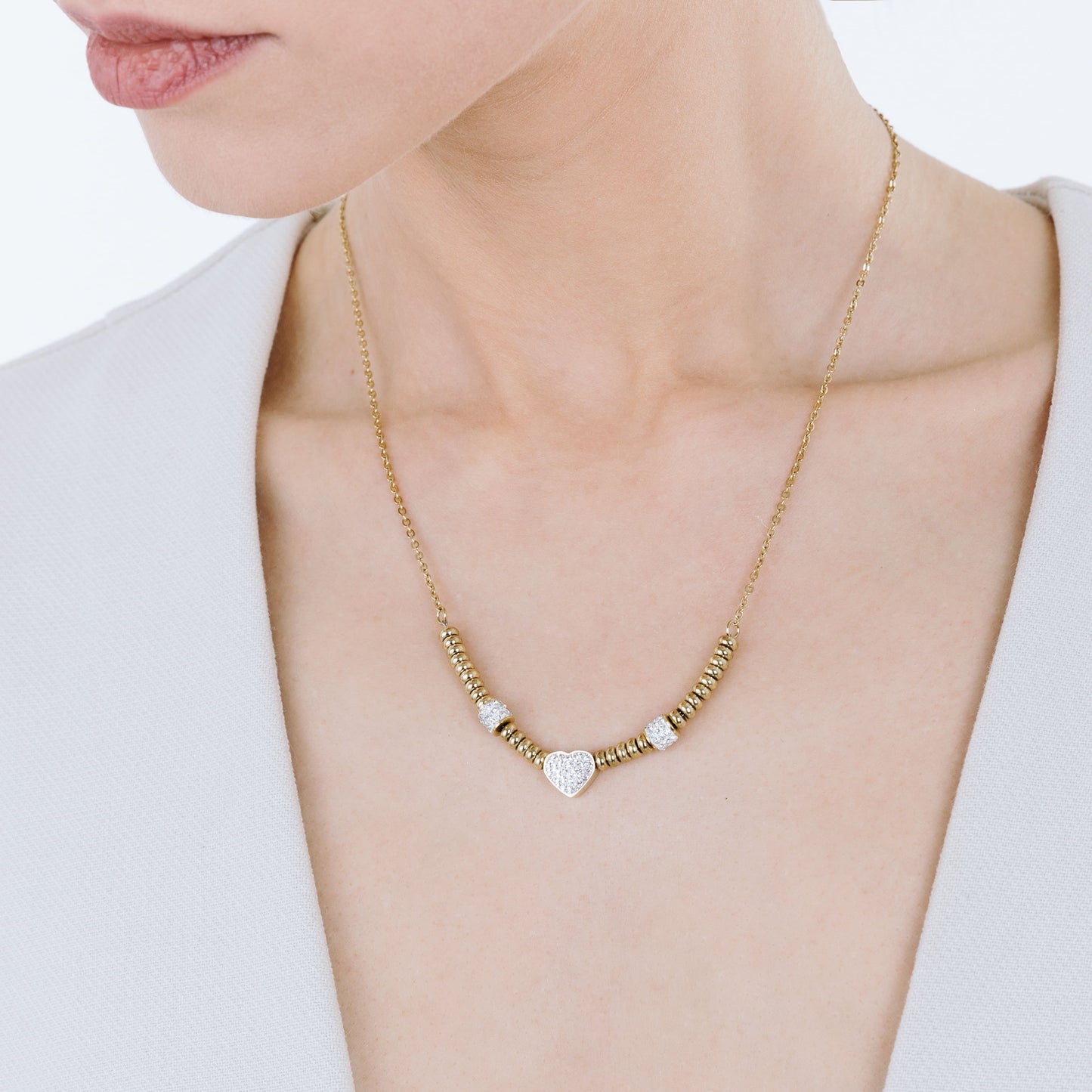 IP GOLD STEEL NECKLACE WITH HEART WITH WHITE CRYSTALS