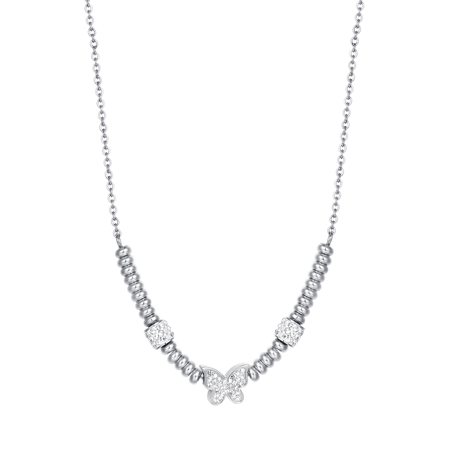 STEEL BUTTERFLY NECKLACE WITH WHITE CRYSTALS