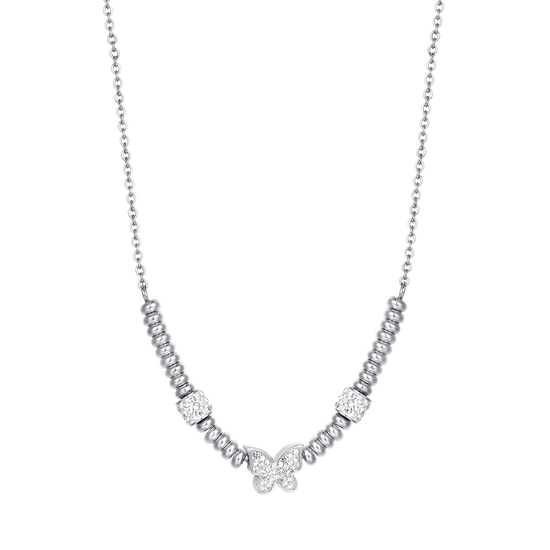 STEEL BUTTERFLY NECKLACE WITH WHITE CRYSTALS