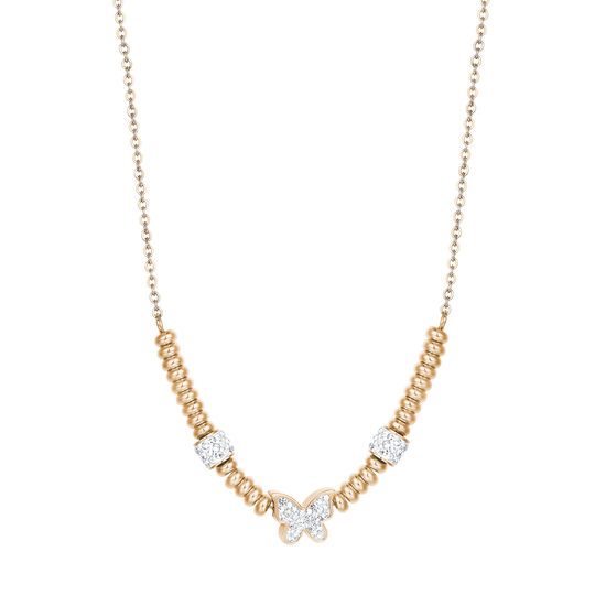 IP GOLD STEEL NECKLACE WITH BUTTERFLY WITH WHITE CRYSTALS
