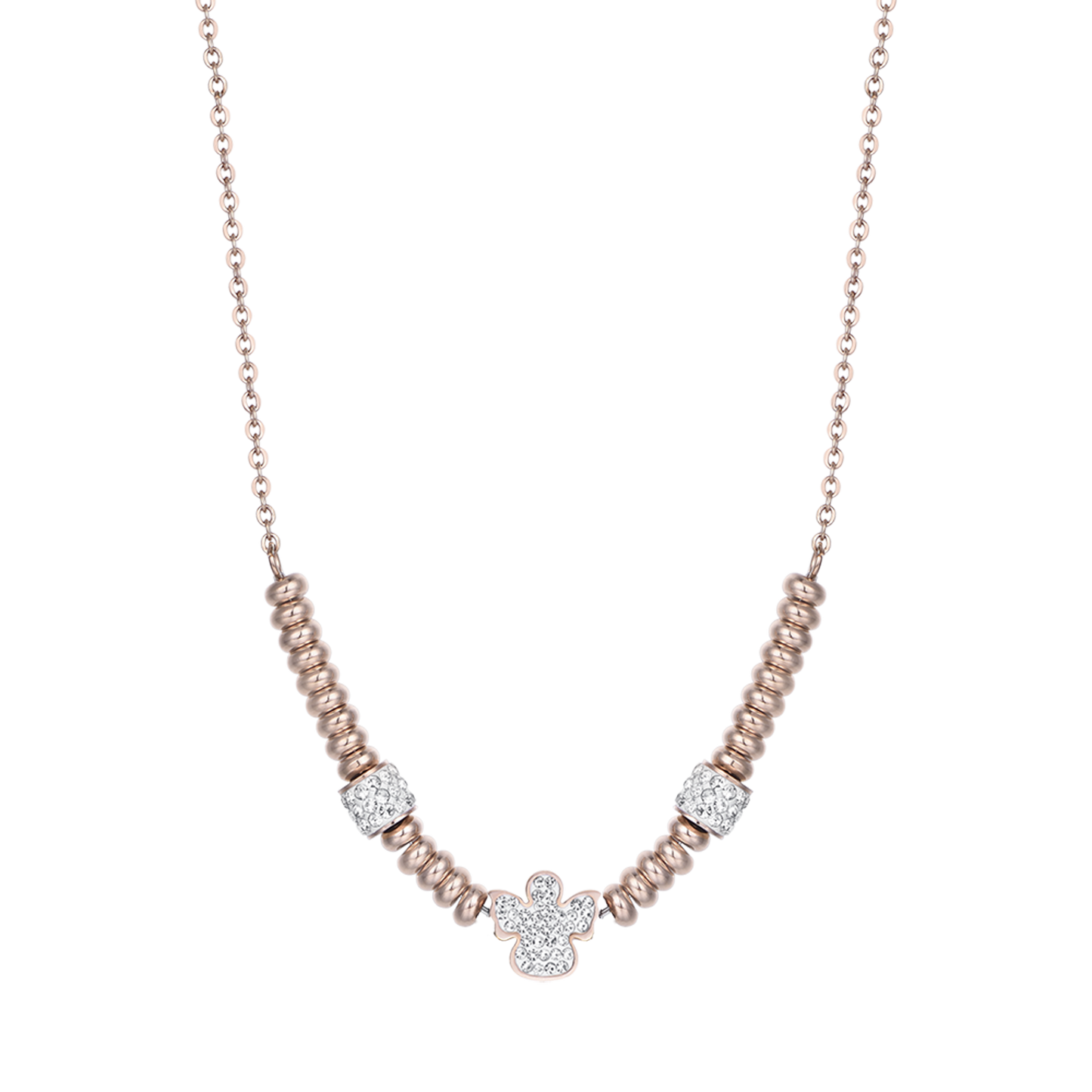 IP ROSE STEEL NECKLACE WITH ANGEL WITH WHITE CRYSTALS
