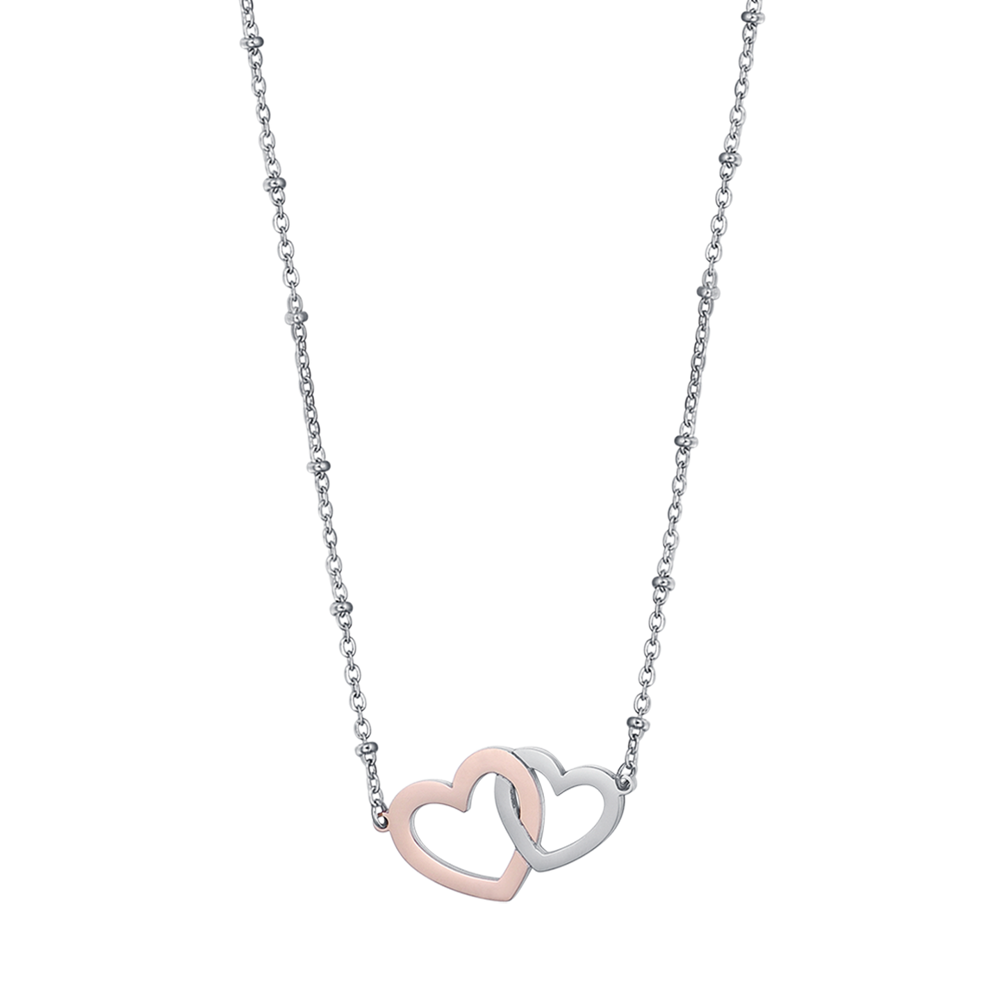 STEEL NECKLACE WITH STEEL HEARTS AND STEEL IP ROSE