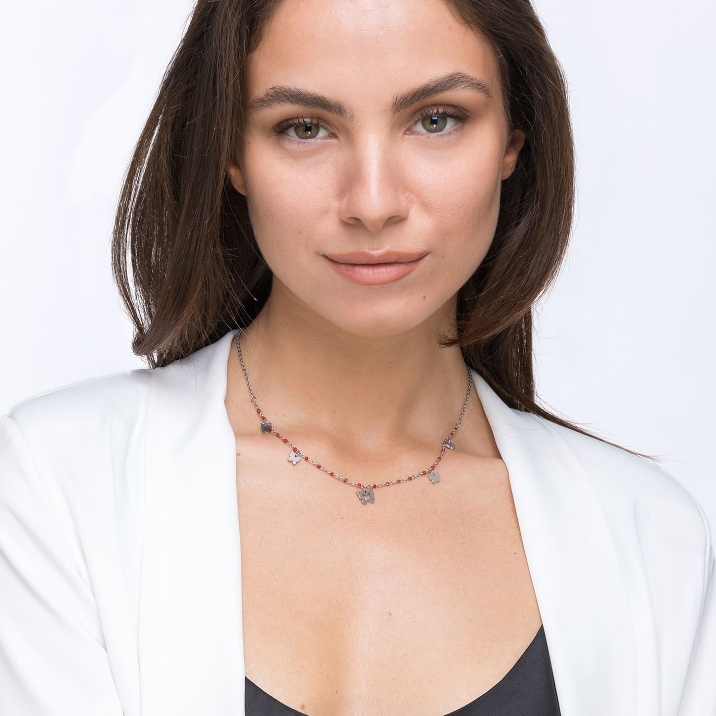 STEEL NECKLACE WITH BUTTERFLIES AND RED STONES