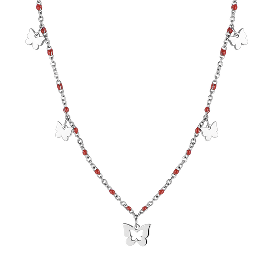 STEEL NECKLACE WITH BUTTERFLIES AND RED STONES