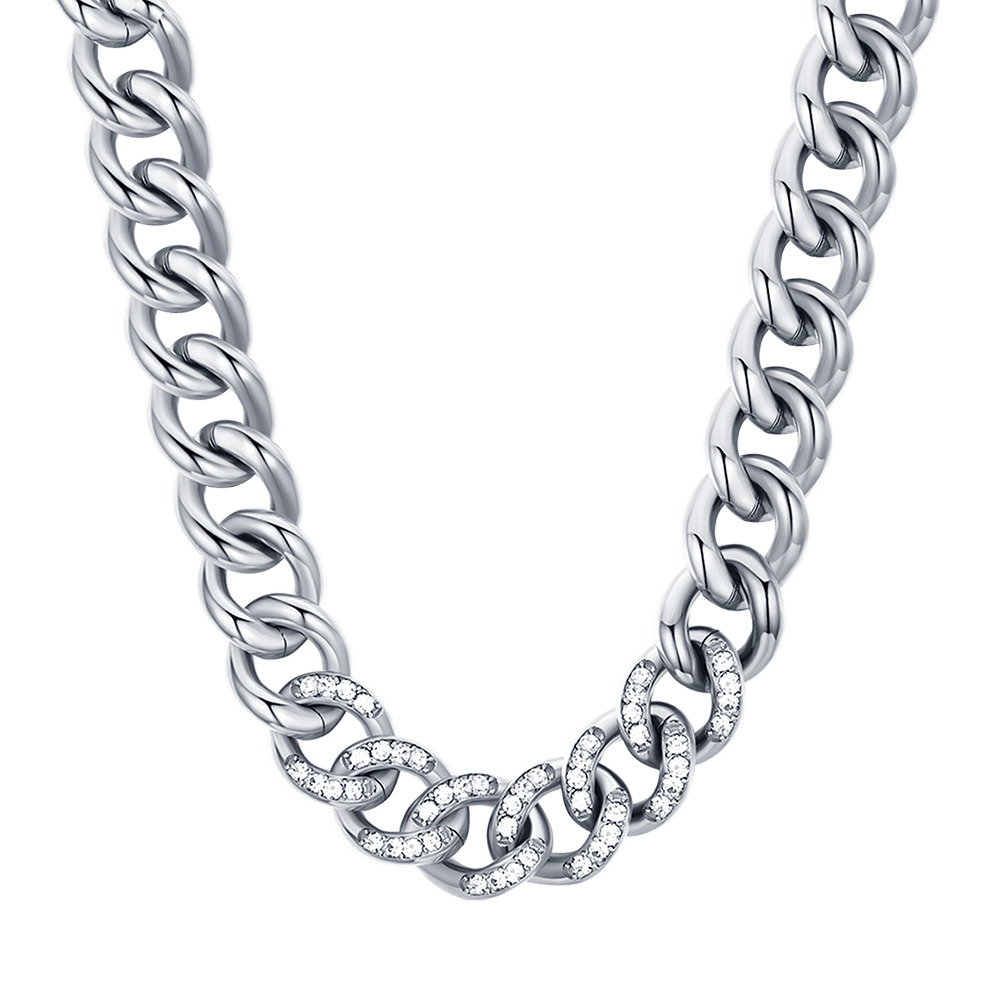 WOMEN'S STEEL CHAIN LINK NECKLACE WITH WHITE CRYSTALS