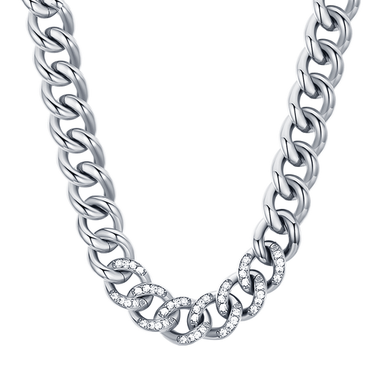 WOMEN'S STEEL CHAIN LINK NECKLACE WITH WHITE CRYSTALS