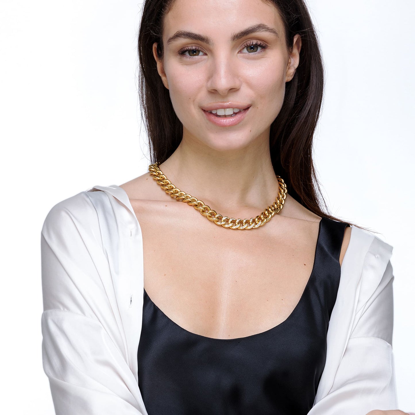 WOMEN'S STEEL CHAIN LINK NECKLACE WITH WHITE CRYSTALS